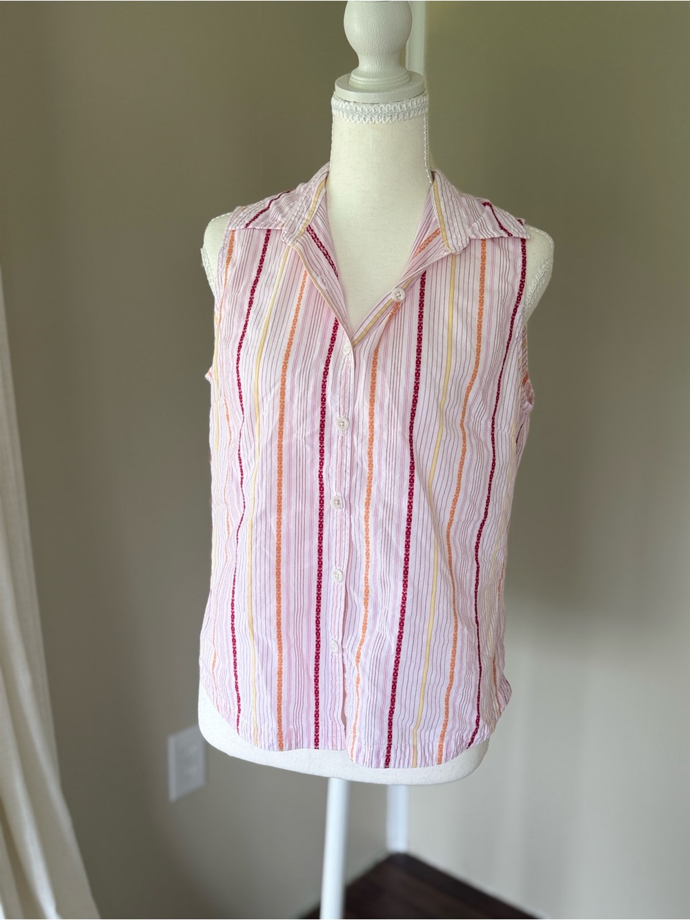 Vintage Columbia Sleeveless Pink Stripe Button-Up Shirt Collared Cotton Golf - Picture 2 of 7